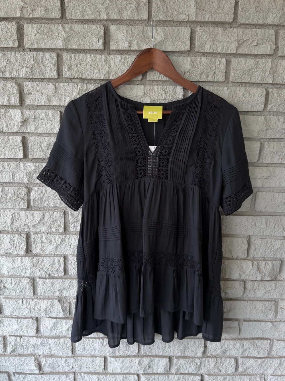 NWT Maeve Black Tiered Crochet Lace Panel Boho Blouse Size XS